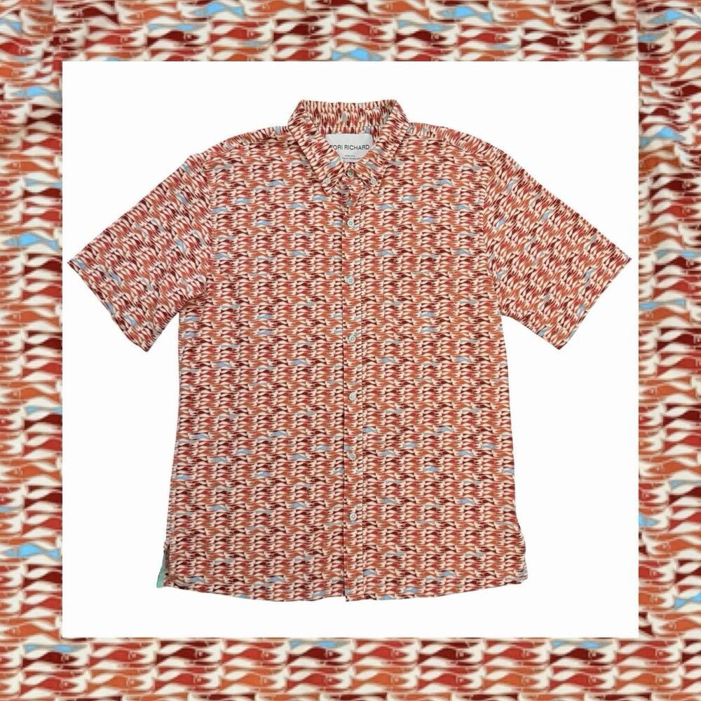 Tori Richard Fish Button Down Shirt MEDIUM Red Orange Tradewind Technology